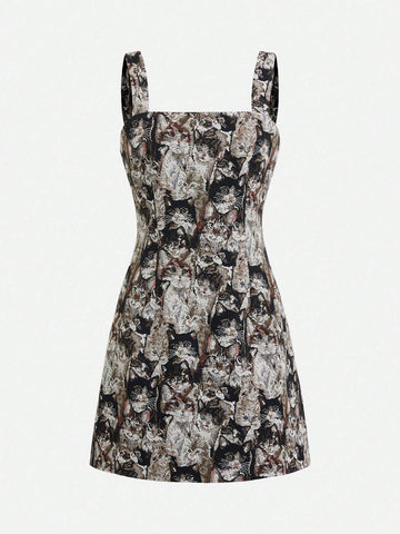 Sleevesless Cat Pattern Short Cami Dress