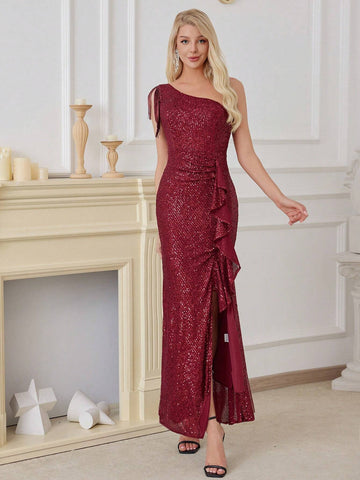 Slim Fit Elegant Dress With Asymmetric Asymmasymmetrical Neck And Tassel Hem Design Embellished With Sequins