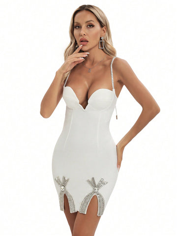 Slim Fit Rhinestone Decor Split Hem Cami Dress