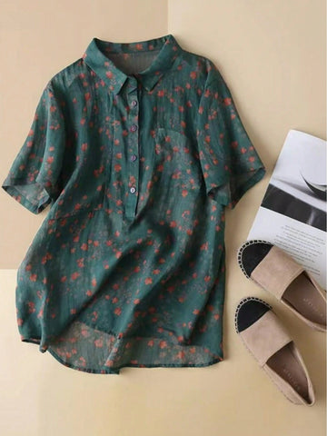 Stand Collar Linen Ditsy Floral Print Short Sleeve Shirt,