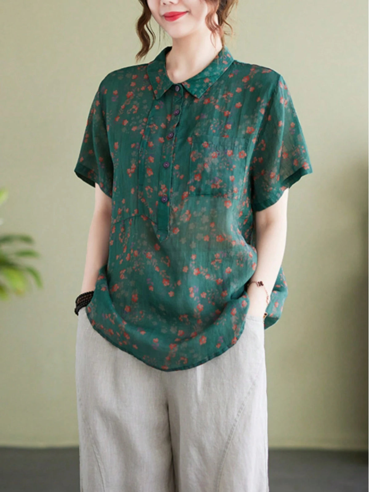 Stand Collar Linen Ditsy Floral Print Short Sleeve Shirt,