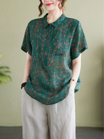 Stand Collar Linen Ditsy Floral Print Short Sleeve Shirt,