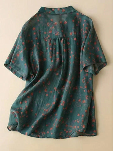 Stand Collar Linen Ditsy Floral Print Short Sleeve Shirt,