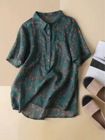 Stand Collar Linen Ditsy Floral Print Short Sleeve Shirt,