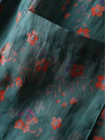 Stand Collar Linen Ditsy Floral Print Short Sleeve Shirt,