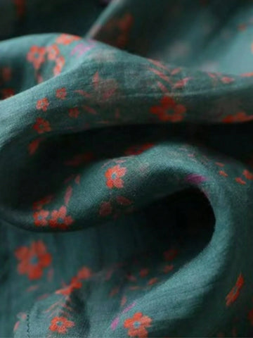 Stand Collar Linen Ditsy Floral Print Short Sleeve Shirt,