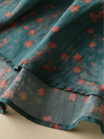 Stand Collar Linen Ditsy Floral Print Short Sleeve Shirt,