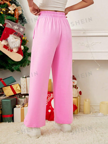 Slogan Cherry Embroidery Drawstring Waist Sweatpants