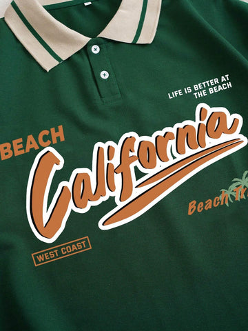 Slogan Graphic Contrast Collar Polo Shirt