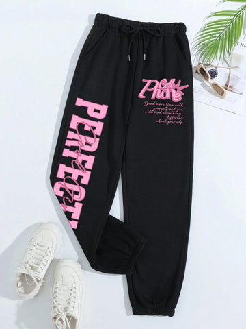 Slogan Graphic Drawstring Waist Sweatpants