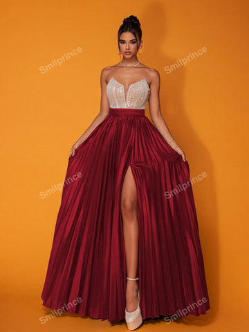 Smilprince Burgundy Strapless Luxury Party Long Dress