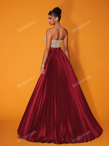 Smilprince Burgundy Strapless Luxury Party Long Dress