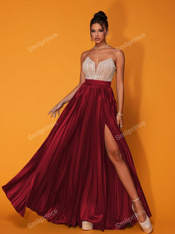 Smilprince Burgundy Strapless Luxury Party Long Dress