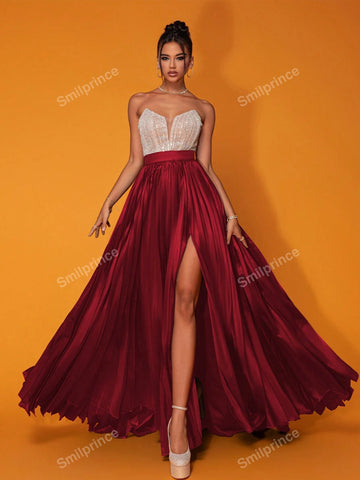 Smilprince Burgundy Strapless Luxury Party Long Dress