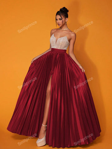 Smilprince Burgundy Strapless Luxury Party Long Dress