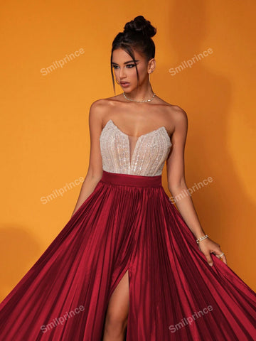 Smilprince Burgundy Strapless Luxury Party Long Dress