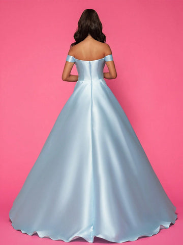 Smilprince Light Blue Long Off-Shoulder Dress, Slim Fit And Elegant, Ideal For Annual Party