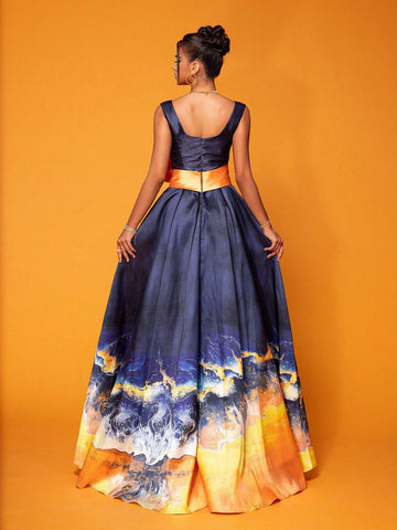 Smilprince Long Color-Blocking Elegant High-End Evening Dress With Large Round Neckline And Twisted Design