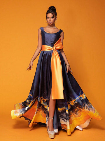 Smilprince Long Color-Blocking Elegant High-End Evening Dress With Large Round Neckline And Twisted Design