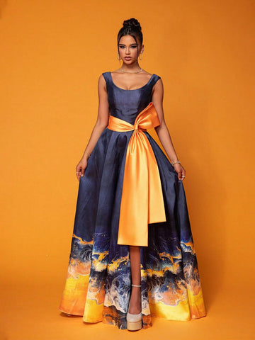 Smilprince Long Color-Blocking Elegant High-End Evening Dress With Large Round Neckline And Twisted Design