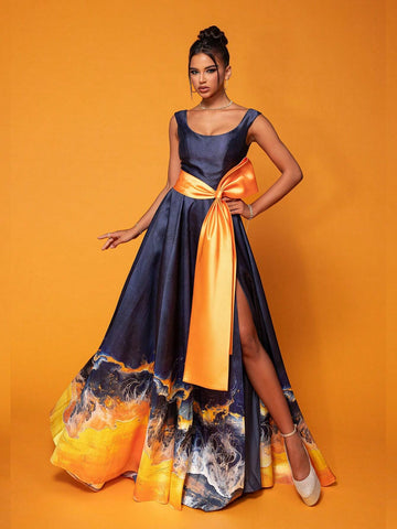 Smilprince Long Color-Blocking Elegant High-End Evening Dress With Large Round Neckline And Twisted Design