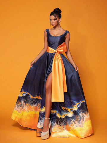 Smilprince Long Color-Blocking Elegant High-End Evening Dress With Large Round Neckline And Twisted Design