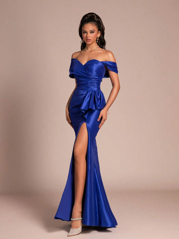 Smilprince Long High-End Blue Fishtail Evening Dress With Waist Cinching Design