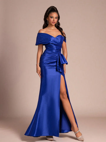 Smilprince Long High-End Blue Fishtail Evening Dress With Waist Cinching Design