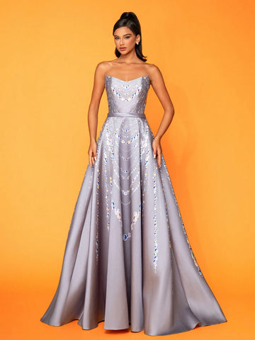 Smilprince Long High-End Elegant Beaded Chain Print Dress With Large Hemmed Skirt And Strapless Design For Evening Party