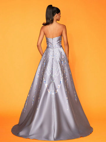 Smilprince Long High-End Elegant Beaded Chain Print Dress With Large Hemmed Skirt And Strapless Design For Evening Party