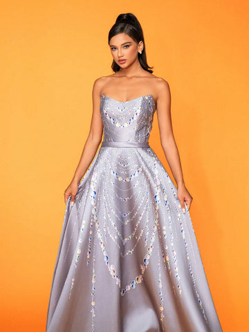 Smilprince Long High-End Elegant Beaded Chain Print Dress With Large Hemmed Skirt And Strapless Design For Evening Party