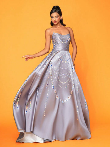 Smilprince Long High-End Elegant Beaded Chain Print Dress With Large Hemmed Skirt And Strapless Design For Evening Party