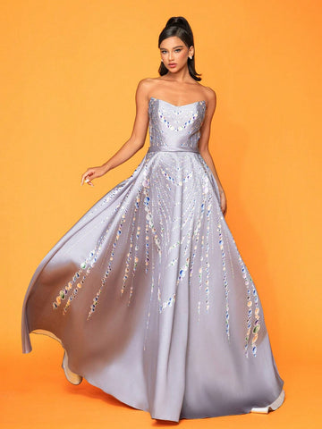 Smilprince Long High-End Elegant Beaded Chain Print Dress With Large Hemmed Skirt And Strapless Design For Evening Party