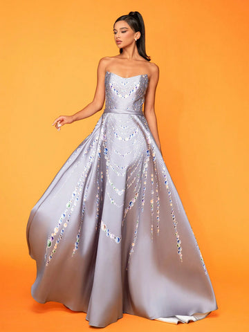 Smilprince Long High-End Elegant Beaded Chain Print Dress With Large Hemmed Skirt And Strapless Design For Evening Party