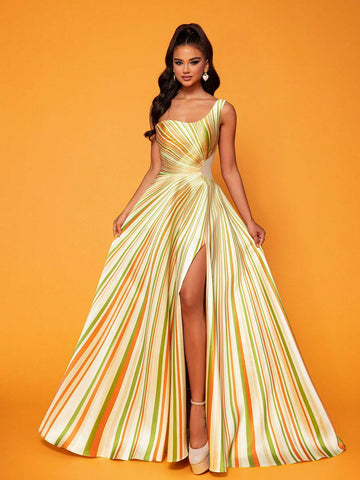 Smilprince Long High-End Elegant Color-Block Stripe High Slit One-Shoulder Evening Dress