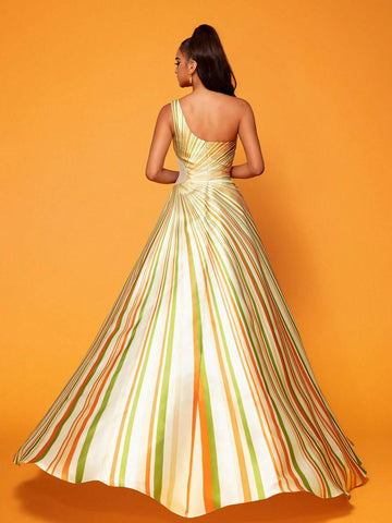 Smilprince Long High-End Elegant Color-Block Stripe High Slit One-Shoulder Evening Dress