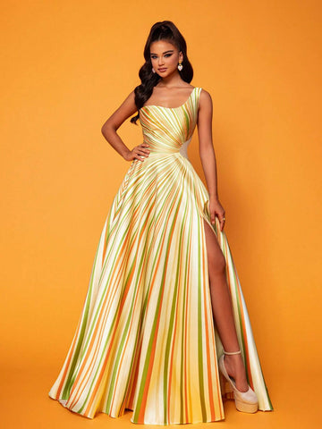 Smilprince Long High-End Elegant Color-Block Stripe High Slit One-Shoulder Evening Dress