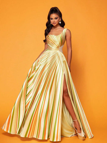 Smilprince Long High-End Elegant Color-Block Stripe High Slit One-Shoulder Evening Dress