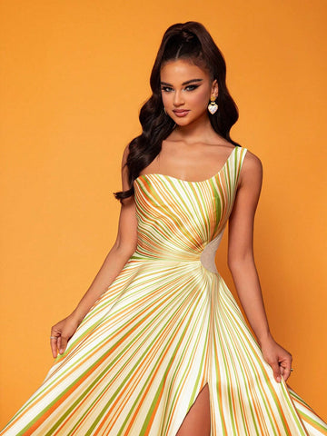 Smilprince Long High-End Elegant Color-Block Stripe High Slit One-Shoulder Evening Dress