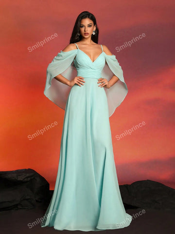 Smilprince Long Solid Color Elegant Open Shoulder Slip Bridesmaid Dress