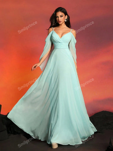 Smilprince Long Solid Color Elegant Open Shoulder Slip Bridesmaid Dress