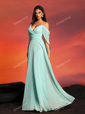Smilprince Long Solid Color Elegant Open Shoulder Slip Bridesmaid Dress