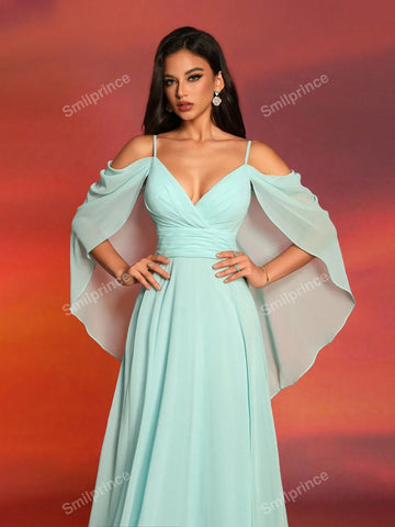 Smilprince Long Solid Color Elegant Open Shoulder Slip Bridesmaid Dress