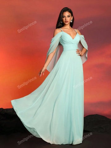 Smilprince Long Solid Color Elegant Open Shoulder Slip Bridesmaid Dress