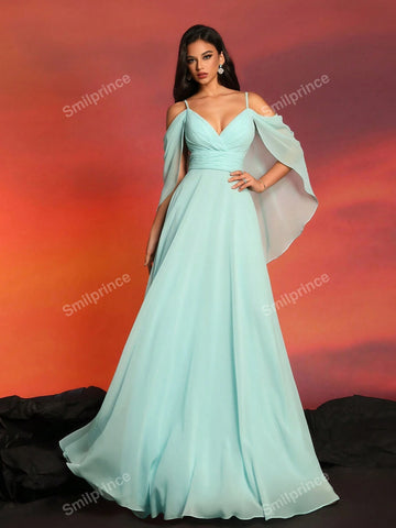 Smilprince Long Solid Color Elegant Open Shoulder Slip Bridesmaid Dress