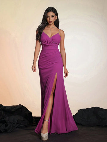 Smilprince Plain Wine Red Sexy V-Neck Evening Dress With Thigh-High Split And Ruffle Hemline