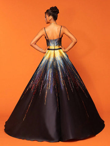 Smilprince Premium Gradient High Slit Spaghetti Strap Banquet Elegant Noble Evening Dress