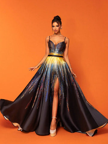 Smilprince Premium Gradient High Slit Spaghetti Strap Banquet Elegant Noble Evening Dress