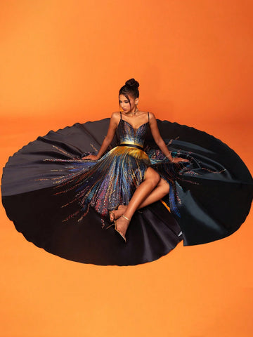 Smilprince Premium Gradient High Slit Spaghetti Strap Banquet Elegant Noble Evening Dress