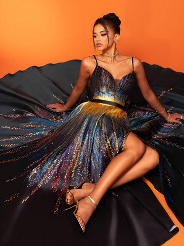 Smilprince Premium Gradient High Slit Spaghetti Strap Banquet Elegant Noble Evening Dress